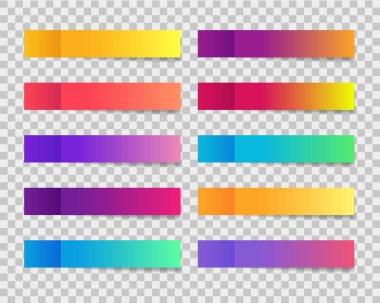 Şeffaf arka planda degradeli trendy posta notu çıkartmaları. Yapışkan not şablonu. Renkli posta notu kağıt seti. Vektör