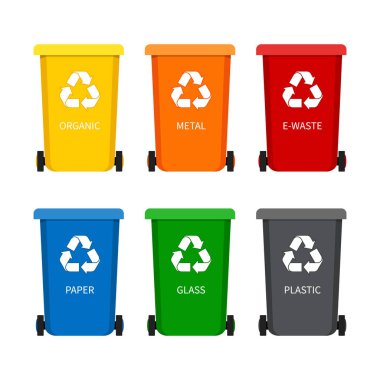 Çöp kutusu için geri dönüşüm simgesi olan çöp kutusu. Kağıt, plastik, cam, organik, düz tarzda e-atık için konteyner çöp kutusu. Çöp için konteyner seti. Vektör