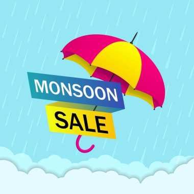Muson satış yağmur ve şemsiye ile arka plan sunuyoruz. Poster, el ilanı, web sitesi için Muson sezon satış konsepti. Teklif için yağmurlu sezon ile Şemsiye. vektör illustartion