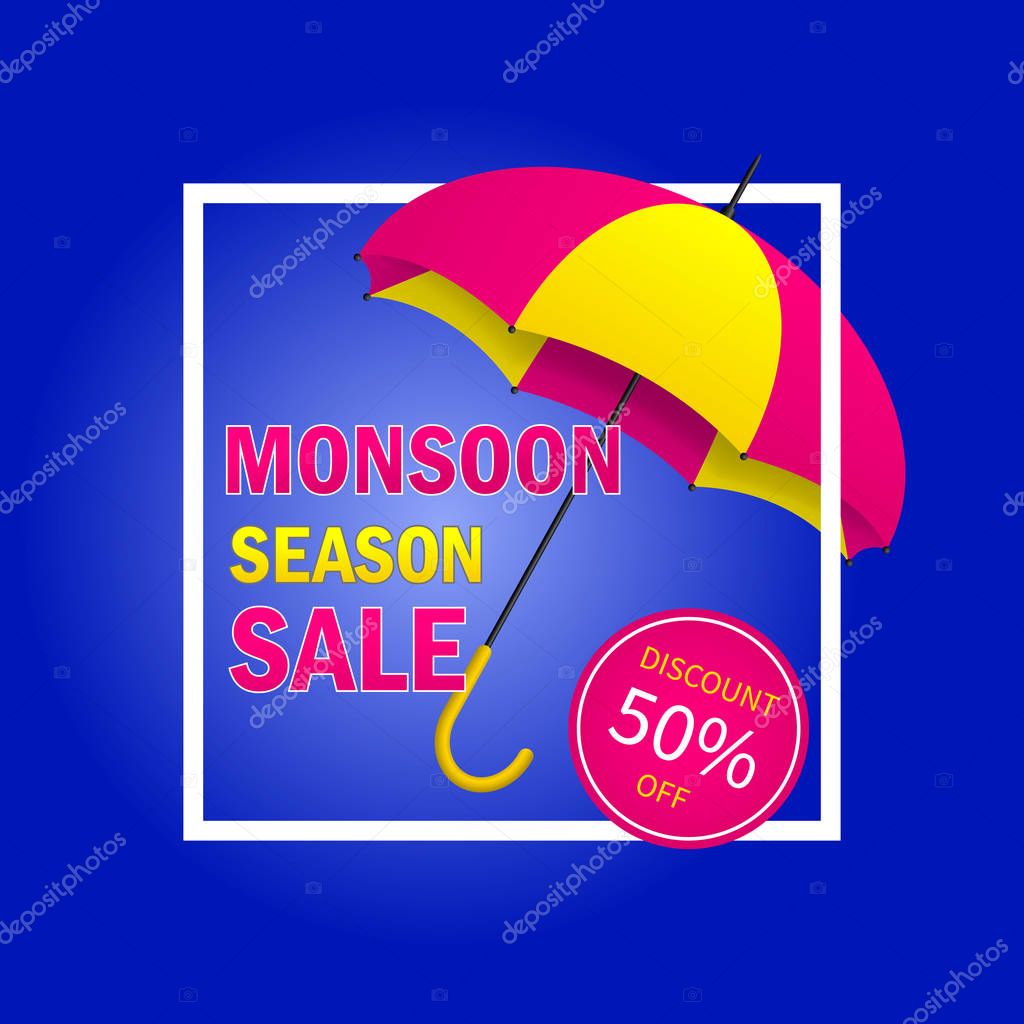 Monsoon sale offer background with ribbon and umbrella. Monsoon season sale concept for poster, flyer, website. Umbrella with frame for season offer. vector eps10