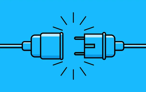 Enchufe eléctrico y desconexión del enchufe. Concepto de conexión de error 404. Enchufe eléctrico y toma de corriente desenchufada icono plano para page.Circuit de enchufe conectar off.Wire, cable de desconexión de energía. vector — Vector de stock