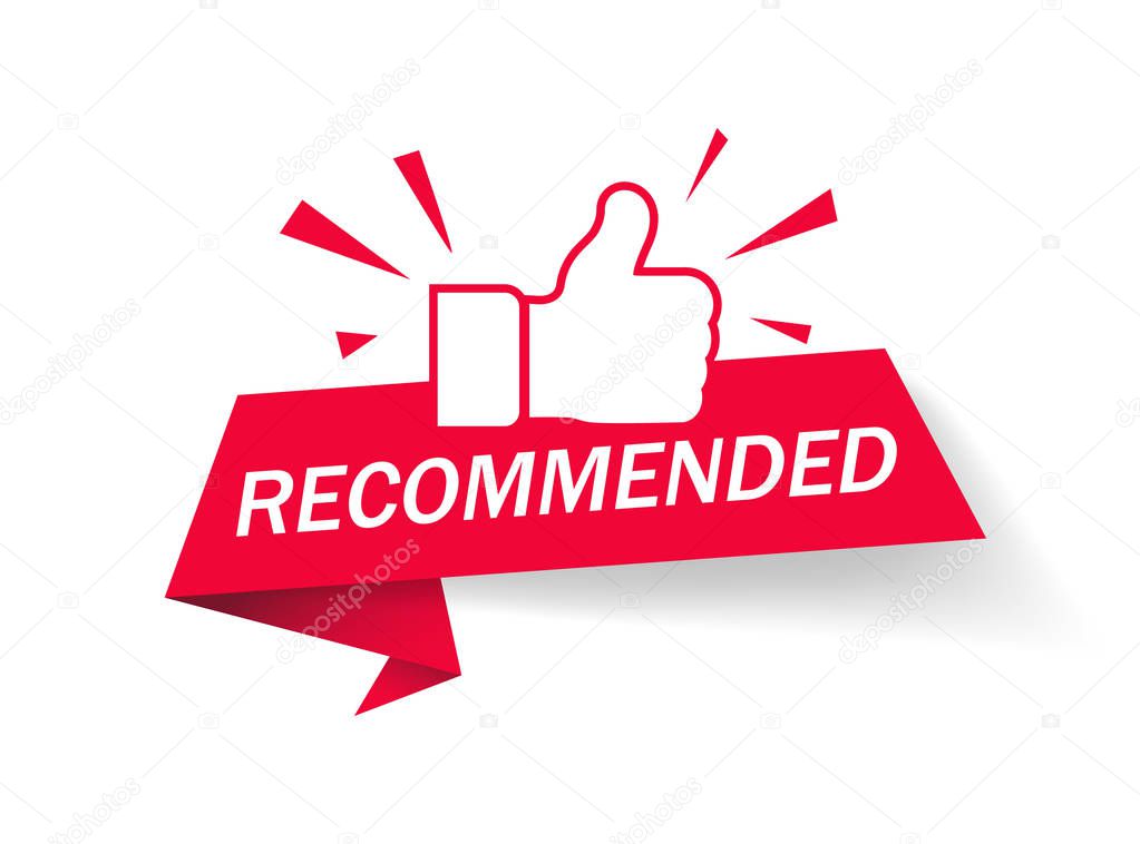 Recommended icon. Red label recommended with thumb up. Banner ribbon thumb up on isolated background. vector