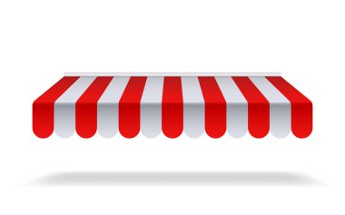 Red and white sunshade for marketplace or shop. Open awning with striped canvas for circus or store.Red canopy for cafe on isolated background. vector clipart