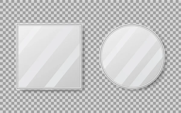 モックアップスタイルで反射する現実的な空のミラー。孤立した背景に空の表面を持つ楕円形のミラー。鏡の装飾のセット。ベクトル — ストックベクタ