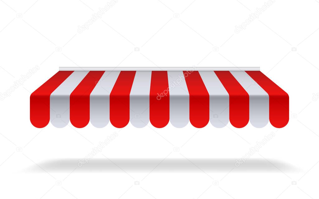 Red and white sunshade for marketplace or shop. Open awning with striped canvas for circus or store.Red canopy for cafe on isolated background. vector