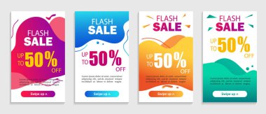 Geometrik sıvı şekiller ile soyut arka plan. Sosyal medya, web, mobil uygulamalar için dalgalı şekiller ile Flash satış afiş. Özel teklif satış seti. Dinamik modern tasarım akışkan kapağı. vektör epa10