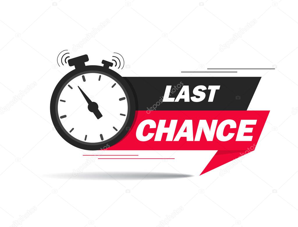 Red ribbon with clock and last chance seal. Sale banner with countdown alarm clock for retail, shop, social media, advertising. Promo label with last chance and limited time on clock. vector eps10