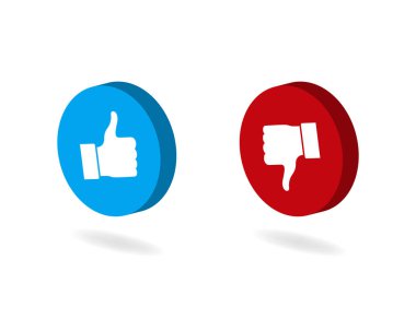Dos ve donts kadar başparmak gibi isometrik düğme. Mavi gibi veya kırmızı sevmediğim başparmak kadar simgesi. Sosyal medya, mobil uygulama, web sitesi için isometrik gibi düğme. Vektör