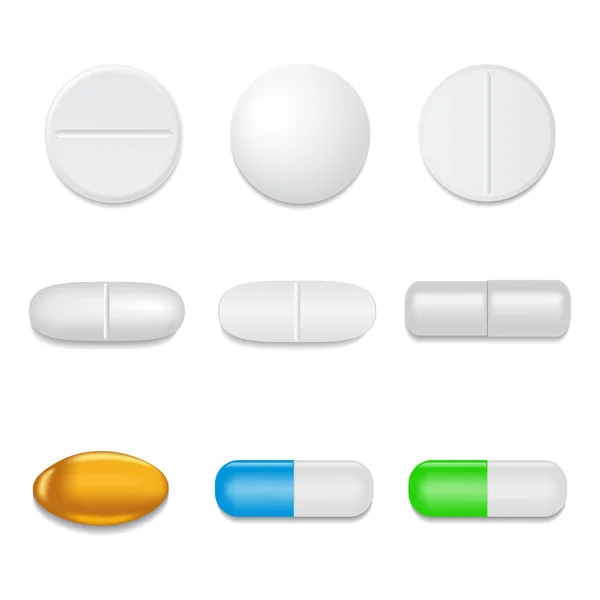 3D realistische weiße medizinische Pille oder Tablette auf isoliertem Hintergrund. Set medizinischer Rundpille und Kapseln im Attrappen-Stil. Medizin- und Gesundheitskonzept. Vektorillustration — Stockvektor