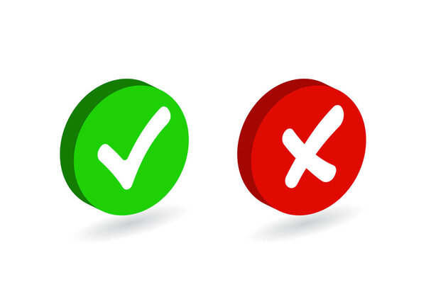 Check mark button icon set. Green tick and red cross flat simbol. Check ok, YES or no, X marks for vote, decision, web.Correct and incorrect sign. Right, wrong icons.vector eps10