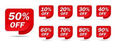 İndirimli satış etiketi, 50, 20, 10, 40, 30, 60, 70, 80, 90. Satış teklifi amblemi, rozet fiyatı indirimi numarası. Düz pul, etiket tasfiye satışı. Mali ürün amblemi. vektör