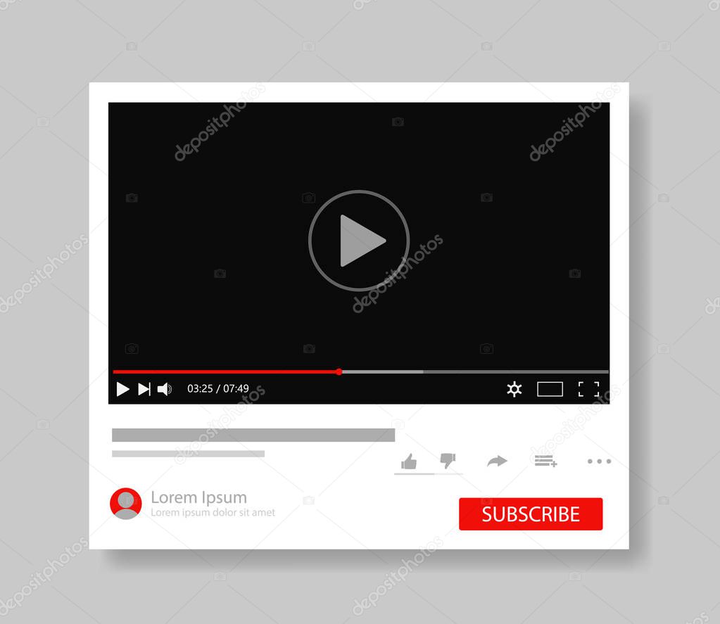 Frame video player interface. Design mockup video channel pc. Tube window template with subscribe for web, media app.Player screen with navigation icon. Modern layout tube interface. vector