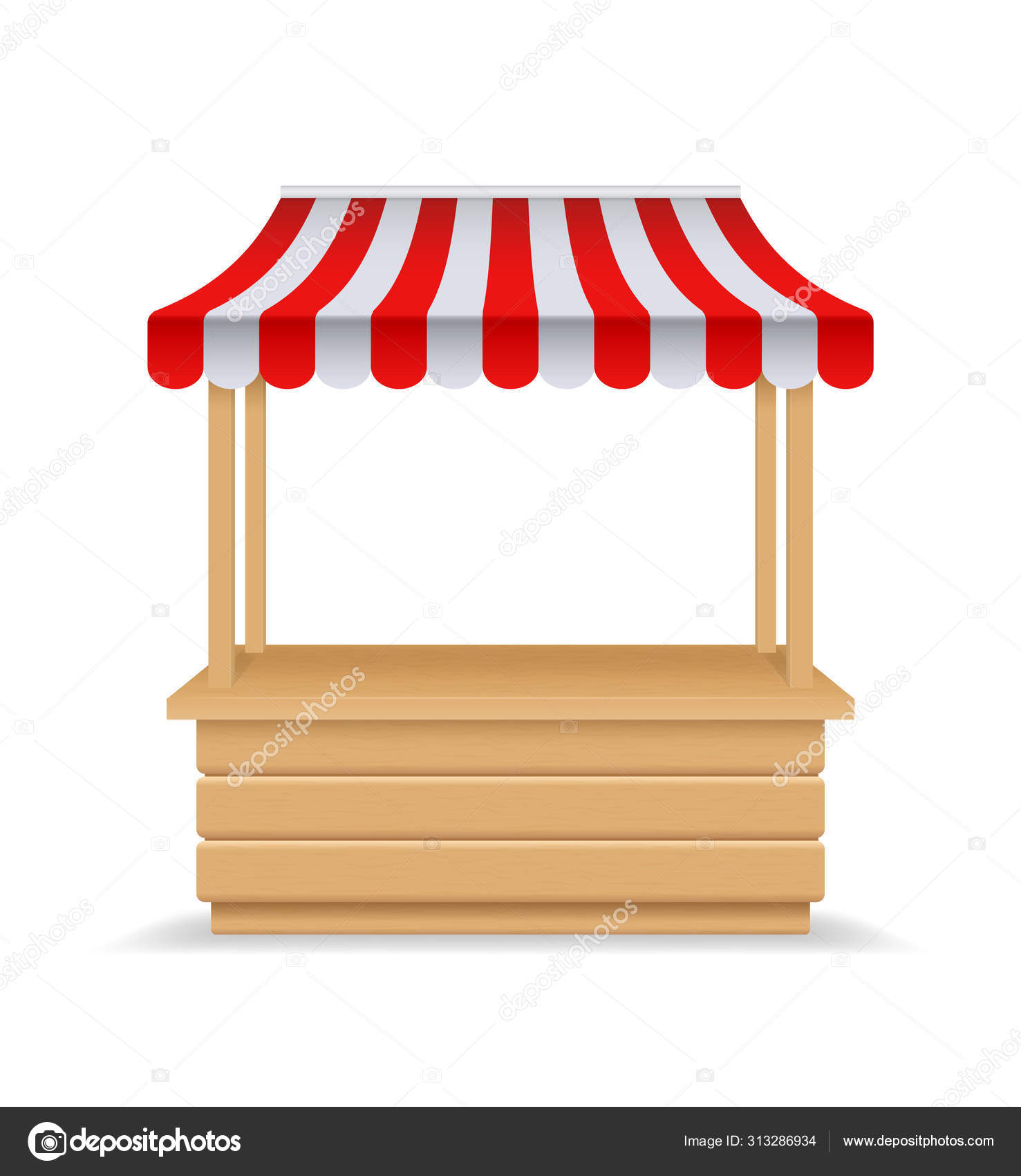 Download Wooden Market Stall Fair Booth 3d Empty Kiosk With Striped Awning Roof Isolated Market Booth Mockup For Food Wooden Counter With Sunshade For Street Trading Outdoor Retail Vendor Stall Vector Image