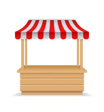 Ahşap market tezgahı, açık büfe. Çizgili tenteli, çatısı olan üç boyutlu boş büfe. İzole pazar tezgahı, yiyecek için. Sokak ticareti için güneşlikli ahşap tezgah, açık hava perakendecisi. tedarikçi tezgahı.