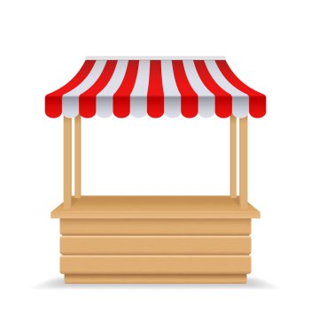 Wooden market stall, fair booth. 3d empty kiosk with striped awning, roof. Isolated market booth mockup for food. Wooden counter with sunshade for street trading, outdoor retail. vendor stall. clipart