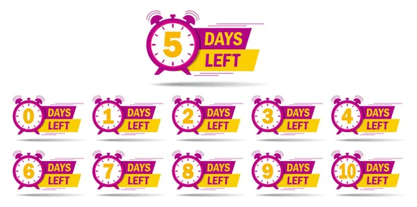 Geri sayım 1, 2, 3, 4, 5, 6, 7, 8, 9, 10 gün kaldı. Satış promosyonu ve tanıtım teklifi için saat ile sol tezgah ikonu. Geri sayım süresi olan düz bir rozet. vektör izole