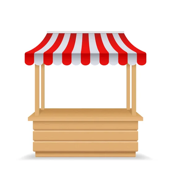 Wooden market stall, fair booth. 3d empty kiosk with striped awning, roof. Isolated market booth mockup for food. Wooden counter with sunshade for street trading, outdoor retail. vendor stall. — Stock Vector