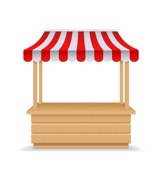 Деревянный рынок, справедливая кабинка. 3d пустой киоск с полосатым навесом, крыша. Изолированный рыночный макет для еды. Деревянный счетчик с зонтиком для уличной торговли, открытая розничная торговля. ларек вендора
.