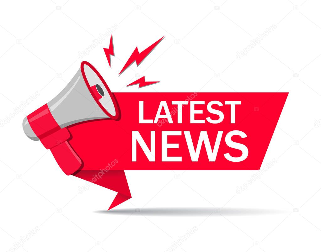 Red latest news ribbon with megaphone. Announce badge with loudspeaker for retail, shop, social media advertising. Promo label with headline latest news in flat style. Important newsletter tag. vector