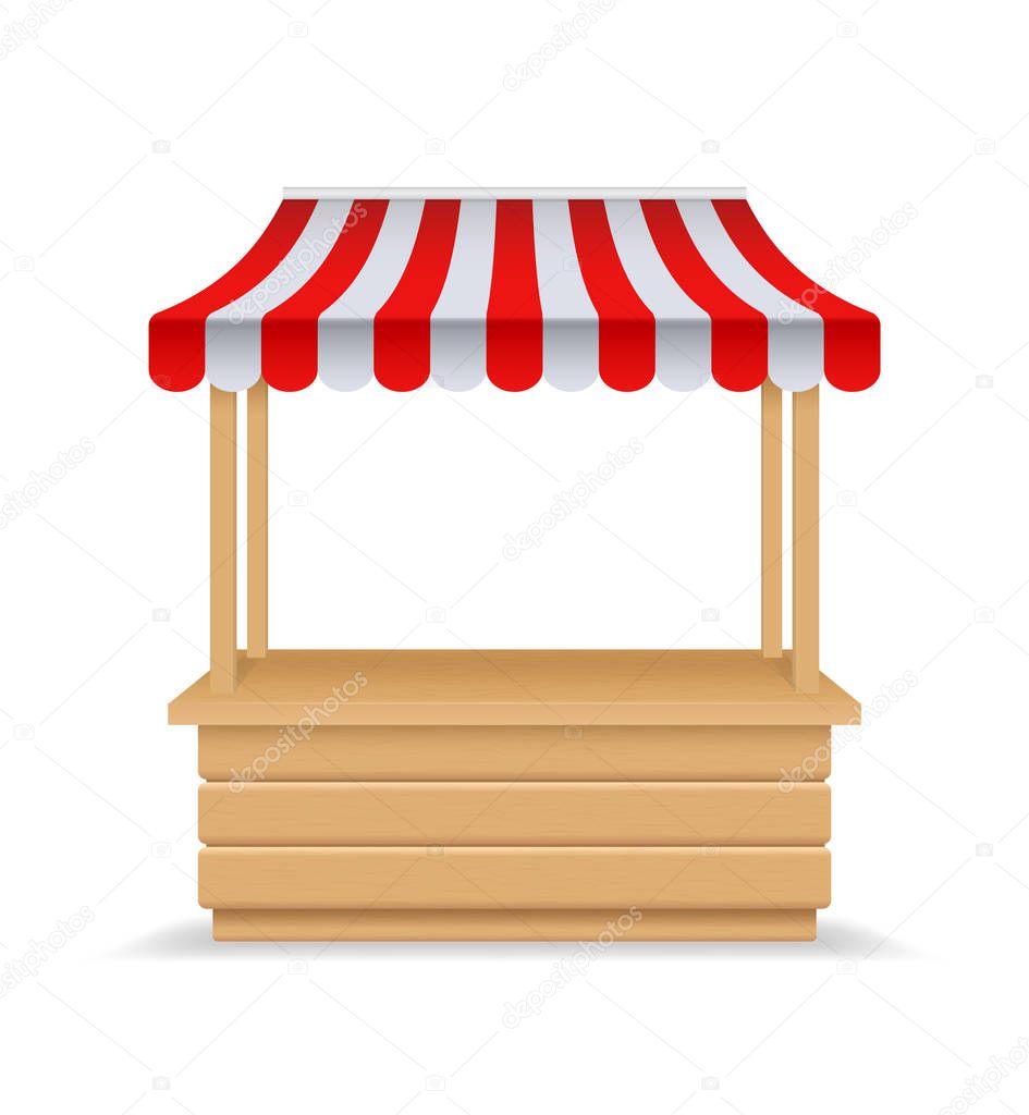 Download Wooden Market Stall Fair Booth 3d Empty Kiosk With Striped Awning Roof Isolated Market Booth Mockup For Food Wooden Counter With Sunshade For Street Trading Outdoor Retail Vendor Stall Vector 313286934 Larastock