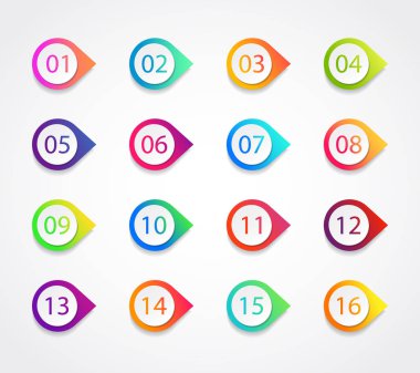 Bilgi için 1, 3, 4, 5, 7, 9, 10, 12 numaralı kurşun imgesi simgesi. Basamaklı bir işaret seti. Yapışkan nokta mermi gradyan rengi. Şablon bilgi mermisi. vektör