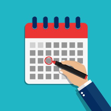 Takvim tarihi el ele işaretlendi. Takvim tarihinin işaretli olduğu daire içine alındı. Çizgi film olay illüstrasyonu. Takvimde tatili işaretle. Planın son teslim tarihi. Düz grafik vektörü