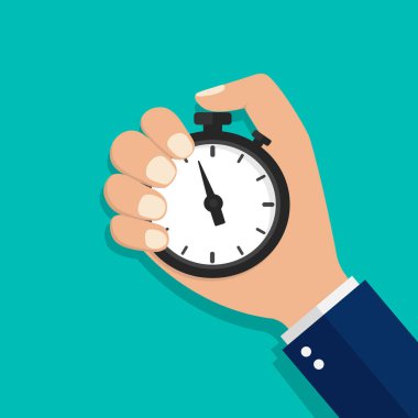 Kronometre, saat ya da zamanlayıcı hazır. Rekabeti durdurun. İş adamı zaman kontrol konsepti. Başlangıç için çizgi film düz saat, aralık kontrolü, optimizasyon ölçüsü. Geri sayım kronometresi. vektör