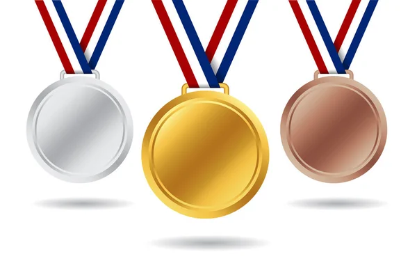 Médailles d'or, d'argent, de bronze. 3ème médaille pour la 1ère, 2ème, 3ème place. Insigne blanc de médaille avec ruban rouge, blanc, bleu pour la victoire du vainqueur. Une récompense de champion. Médaille d'honneur design isolée. vecteur — Image vectorielle