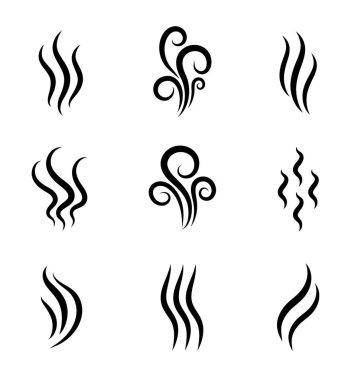 Aromas, smell vaporize icon. Outline symbols smoke, cooking steam odour, fume of flame. Hot aroma odors signs set. Wave of stench isolated. vector abstract illustration clipart