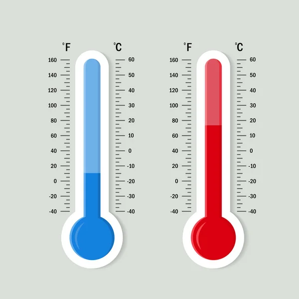 Platt meteorologi termometrar skala. Varm, kall temperatur ikon. Noggrannhet meteorologi fahrenheit och celsius skalor. Mätutrustning för vädertemperatur. vektor isolerad — Stock vektor