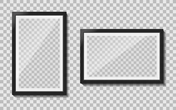Μαύρο πλαίσιο φωτογραφιών πρότυπα με γυάλινη αντανάκλαση κρέμεται στον τοίχο. Κενή διάταξη άλμπουμ φωτογραφιών. Σχεδιασμός κορνίζα για σημείωμα, δημιουργικό εσωτερικό. Ορισμός ρεαλιστικής μορφής εικόνας mockup a4. διάνυσμα — Διανυσματικό Αρχείο