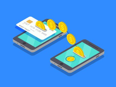 Mobil izometrik olarak para transferi. Kredi kartından telefona ödeme işlemi. Çevrimiçi para gönderme akıllı telefon uygulaması. Satın almak için hızlı ödeme. Bitcoin 'i cep telefonuna aktar. vektör