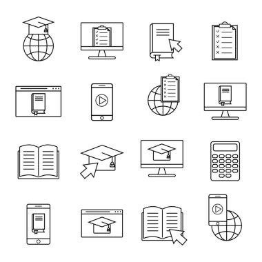 Çevrimiçi eğitim doğrusal simgesi. Eğitim kursu sembolleri belirledi. Bilgisayar, okul ve üniversite bilgisi için mobil e-öğrenme. Ebook, diploma şapkası, webinar taslak simgeleri. vektör