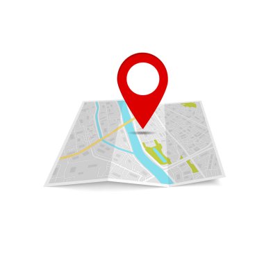 İğneyle katlanmış kağıt harita. Yolu olan düz şehir simgesi, seyahatte GPS navigasyonu için cadde. Yönlendirme işaretleri yolda. İnternetteki coğrafya için kırmızı işaretli broşür. vektör