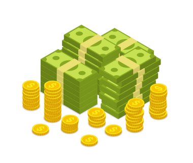 Bozuk para ikonlu Isome yığını para. İş kredisi için yığınla para biriktirdim. Finansal ekonomi konsepti. Zenginlik ya da zenginlik. Karikatür kağıt para birimi. Piyango sembolü. vektör