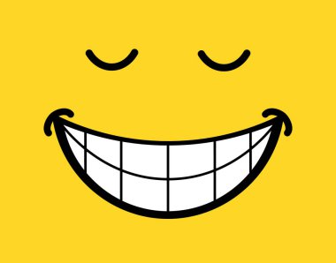 Sarı arka planda gülümseme simgesi. Komik yüzlü ve dilli lezzetli yemek logosu. Baskı için çizgi film simgesi afişi. Mutlu gülücükler. Dil ağız yalar. Lezzetli yemek kavramı. vektör illüstrasyonu