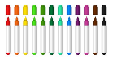 Okul ya da çocuklar için renkli kalem. Sarı, siyah, yeşil, mavi, turuncu renkli gerçekçi fosforlu kalem. Kırtasiye kapalı işaretler koleksiyonu izole edildi. vektör