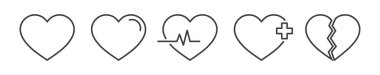 Sağlık hizmetleri tasarımı için kalp lineer simgesi. Kardiyo sembolü. Logo seti. Elektrokardiyogram işareti. Sevgililer Günü için aşk oku. Kardiyak kalp atışı. vektör çizimi