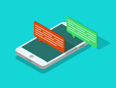 Konuşma baloncuklu cep telefonu izometriği. Akıllı telefondaki SMS sohbet simgesi. Sosyal medya uygulamalarında insanlar internetten konuşuyor. Müşteri geri bildirim bildirimi. Uygulamada tasarım sohbeti. vektör