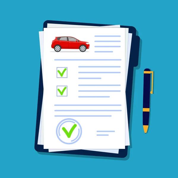 Documento Seguro Coche Estilo Plano Lista Verificación Del Vehículo Licencia — Vector de stock