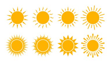 Yellow sun icon set. Flat sunshine logo summer. Simple hot sign. Sunlight burst isolated for ui, mobile. Climate symbol. Abstract silhouette solar. vector illustration clipart