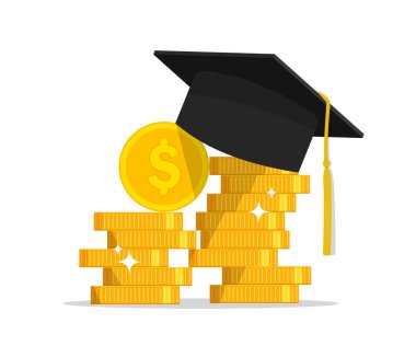 Mezuniyet şapkalı altın para. Üniversitede burs biriktiriyorum. Eğitimde finans yatırımı. Bilgi için para yığını ödemesi. Öğrenim diploması için bekar şapkası. vektör