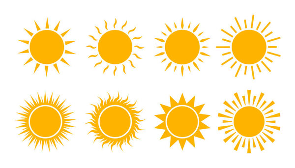 Иконка желтого солнца. Плоский солнечный логотип летом. Простой горячий знак. Солнечный свет лопнул изолированно для ui, мобильный. Символ климата. Абстрактный силуэт Солнца. векторная иллюстрация
