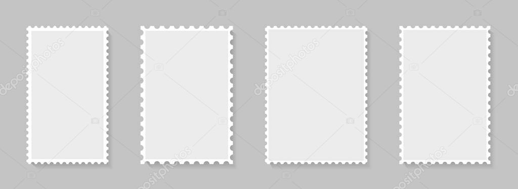 Postage stamp perforated borders. Blank postal frame template for design album, mail, postcard. Vintage postage stamps for envelopes, letter. Isolated paper square boarder. vector