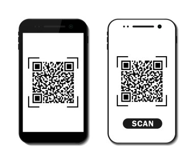 Ekran telefonunda QR kod simgesi. Barkod, qrcode akıllı telefon uygulamasında tarama. Ödemenin iPhone cinsinden taramasını yap. Kimlik çubuklu düz siluet cep telefonu. vektör