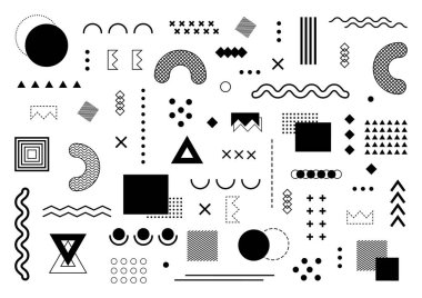 Memphis dokusunu tasarla. Siyah beyaz geometrik şekilli hippi deseni. Yaratıcı unsurları olan soyut moda geçmişi. Vektör pop süsü.