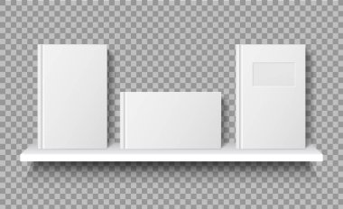 Rafta kitap maketi. Kitaplıkta depolamak için beyaz boş bir defter. Kitapçı, okul, ev kütüphanesi için vektör şablonu karton kapağı. Gerçekçi çizim.
