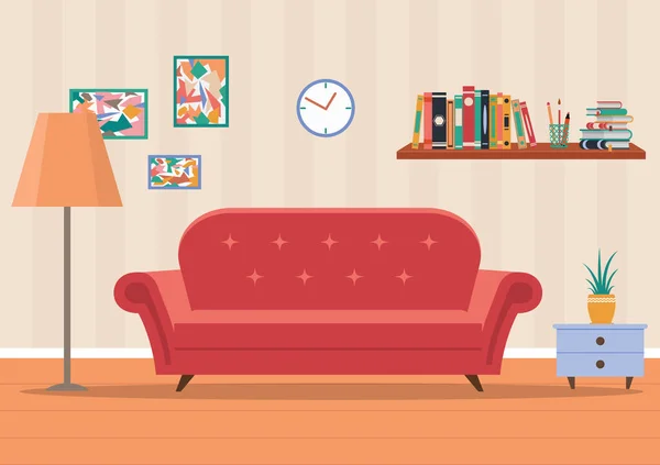 Evin içinde bir oturma odası. Kanepesi, lambası, saati, çiçeği, kitapları olan rahat bir oda tasarımı. Misafir için mobilyalarla oturma odasının düz çizimi. Çizgi film salonu arkaplanı.