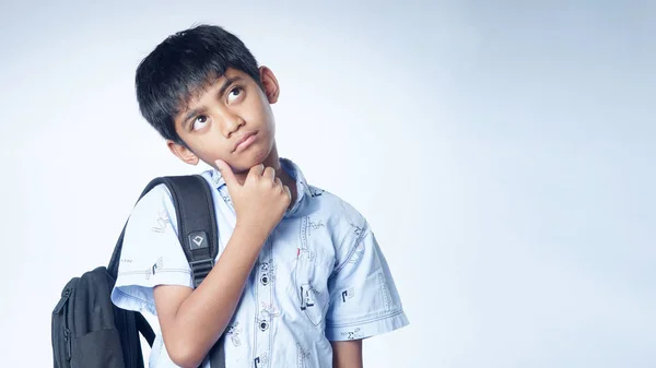 School Boy Backpack Thinking Isolated White Background — Stock Photo, Image