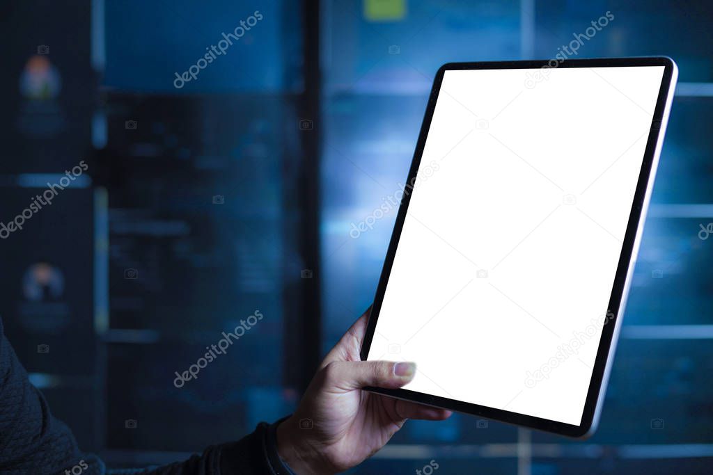 hand holding digital tablet finger touch blank screen